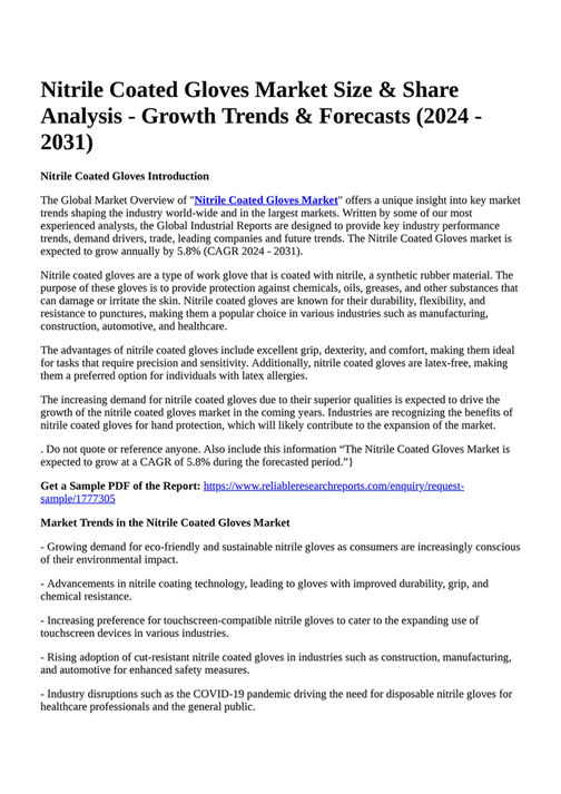 Reportprime Nitrile Coated Gloves Market Size & Share Analysis