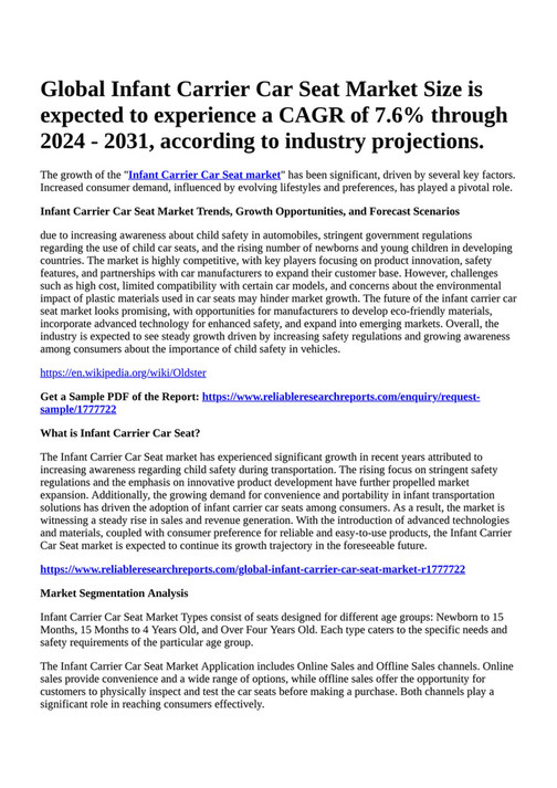 Reportprime Global Infant Carrier Car Seat Market Size is expected to