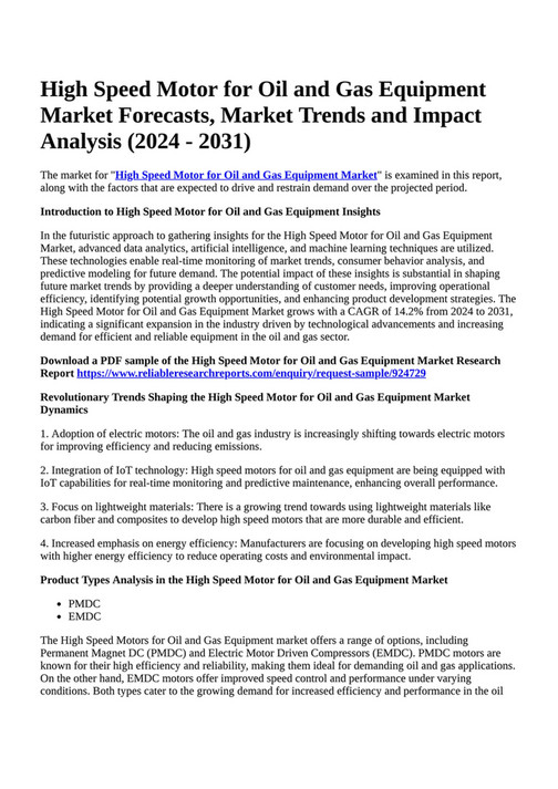 Reportprime High Speed Motor for Oil and Gas Equipment Market