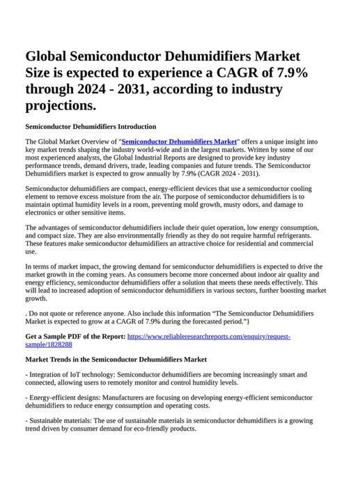 Reportprime Global Semiconductor Dehumidifiers Market Size is