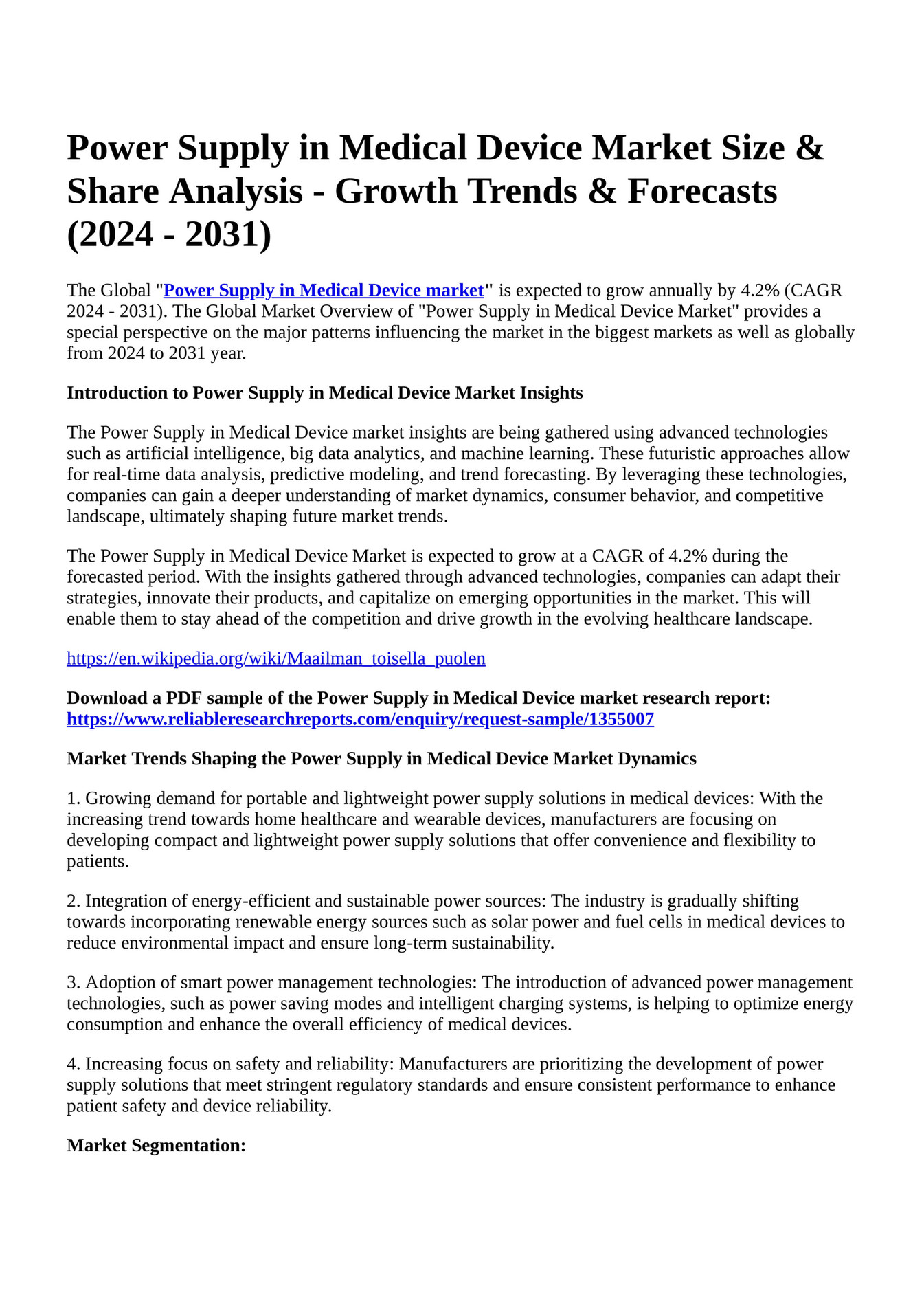 Reportprime Power Supply in Medical Device Market Size & Share