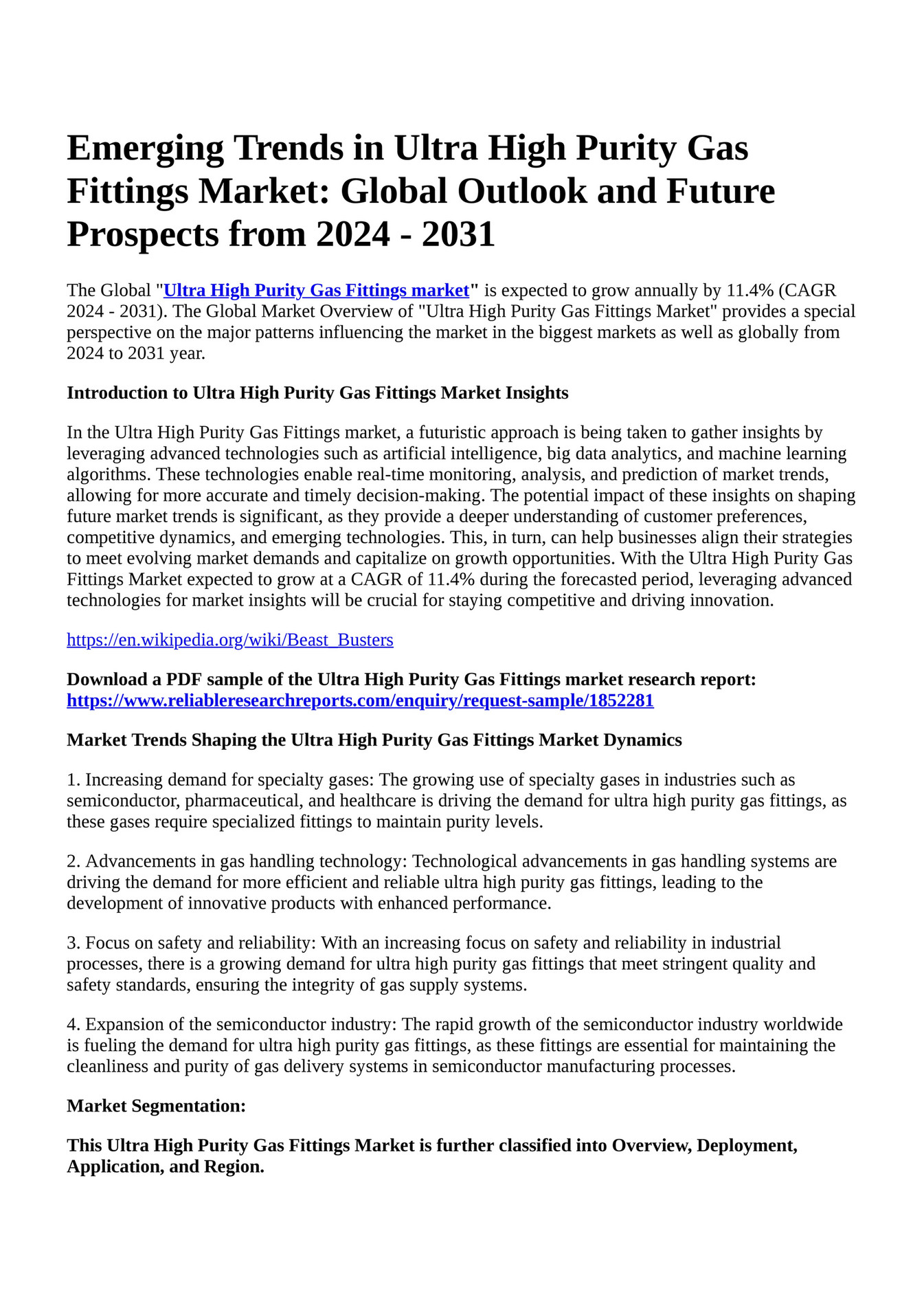 Reportprime Emerging Trends in Ultra High Purity Gas Fittings Market