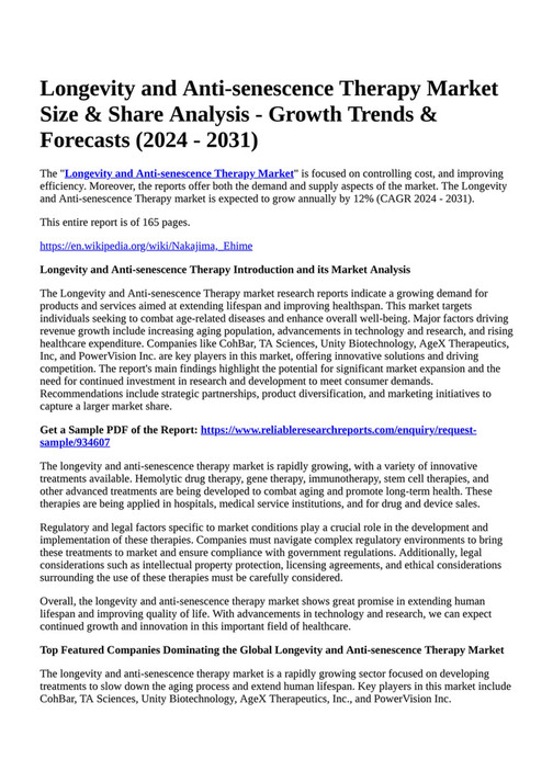 Reportprime Longevity and Antisenescence Therapy Market Size & Share