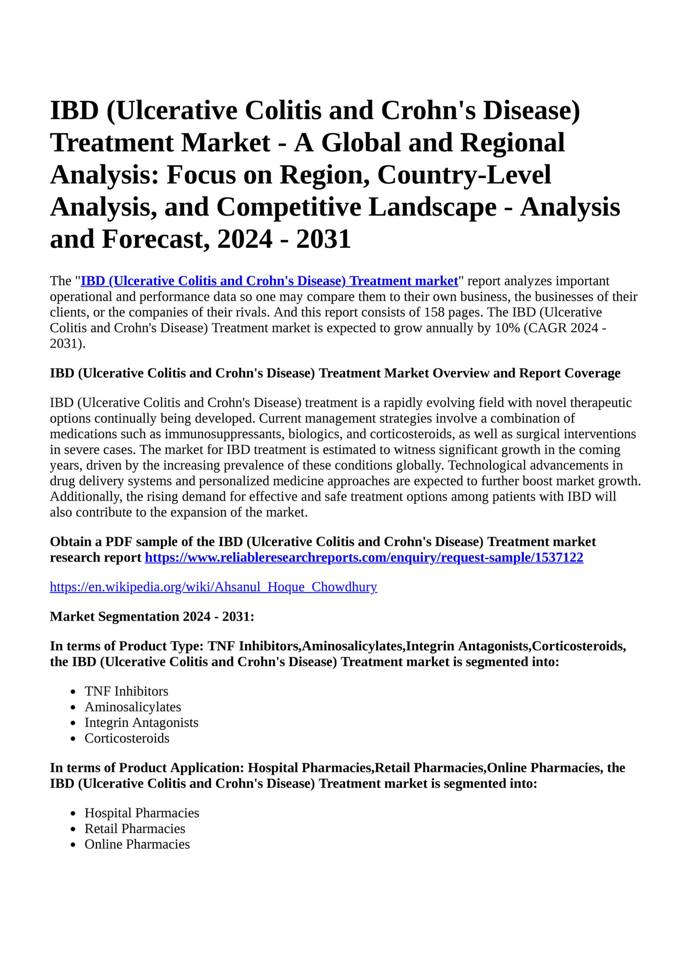Reportprime IBD (Ulcerative Colitis and Crohn's Disease) Treatment