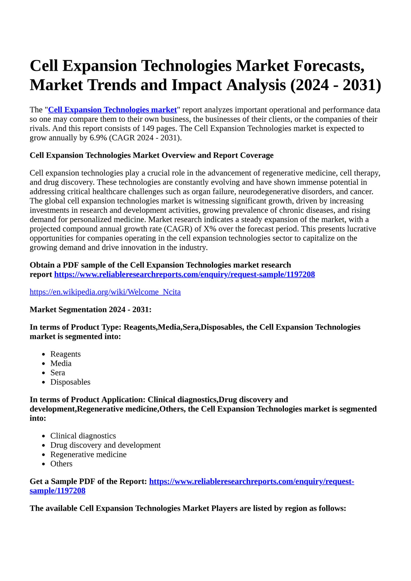 Reportprime - Cell Expansion Technologies Market Forecasts, Market ...