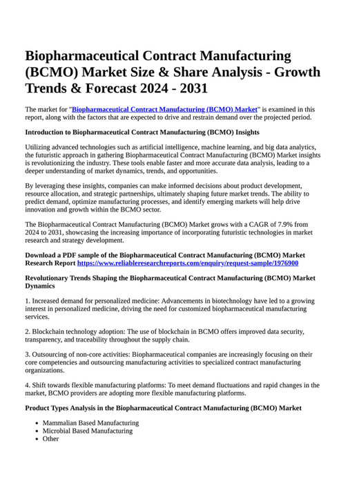 Reportprime - Biopharmaceutical Contract Manufacturing (BCMO) Market ...