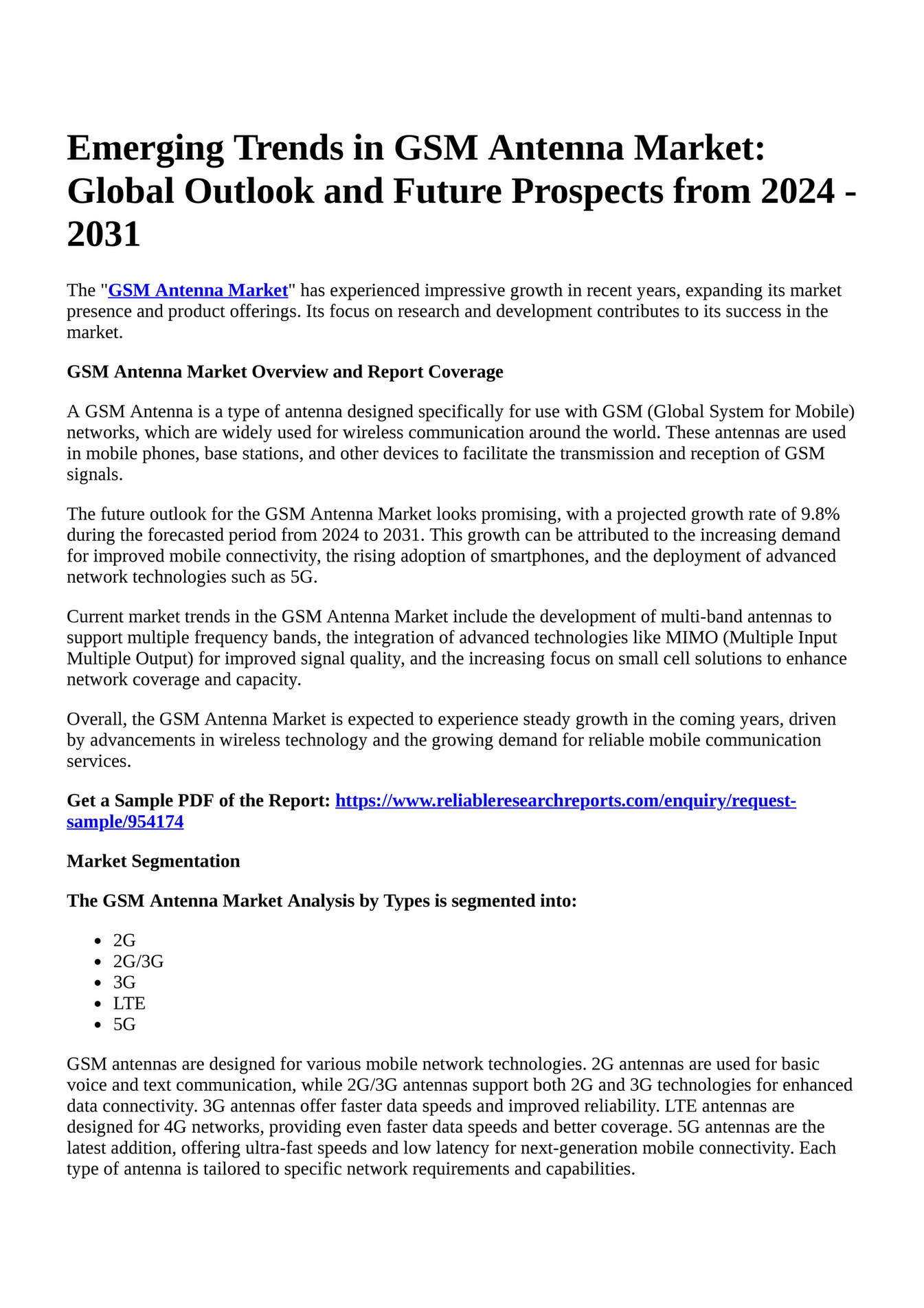 Reportprime - Emerging Trends in GSM Antenna Market: Global Outlook and ...