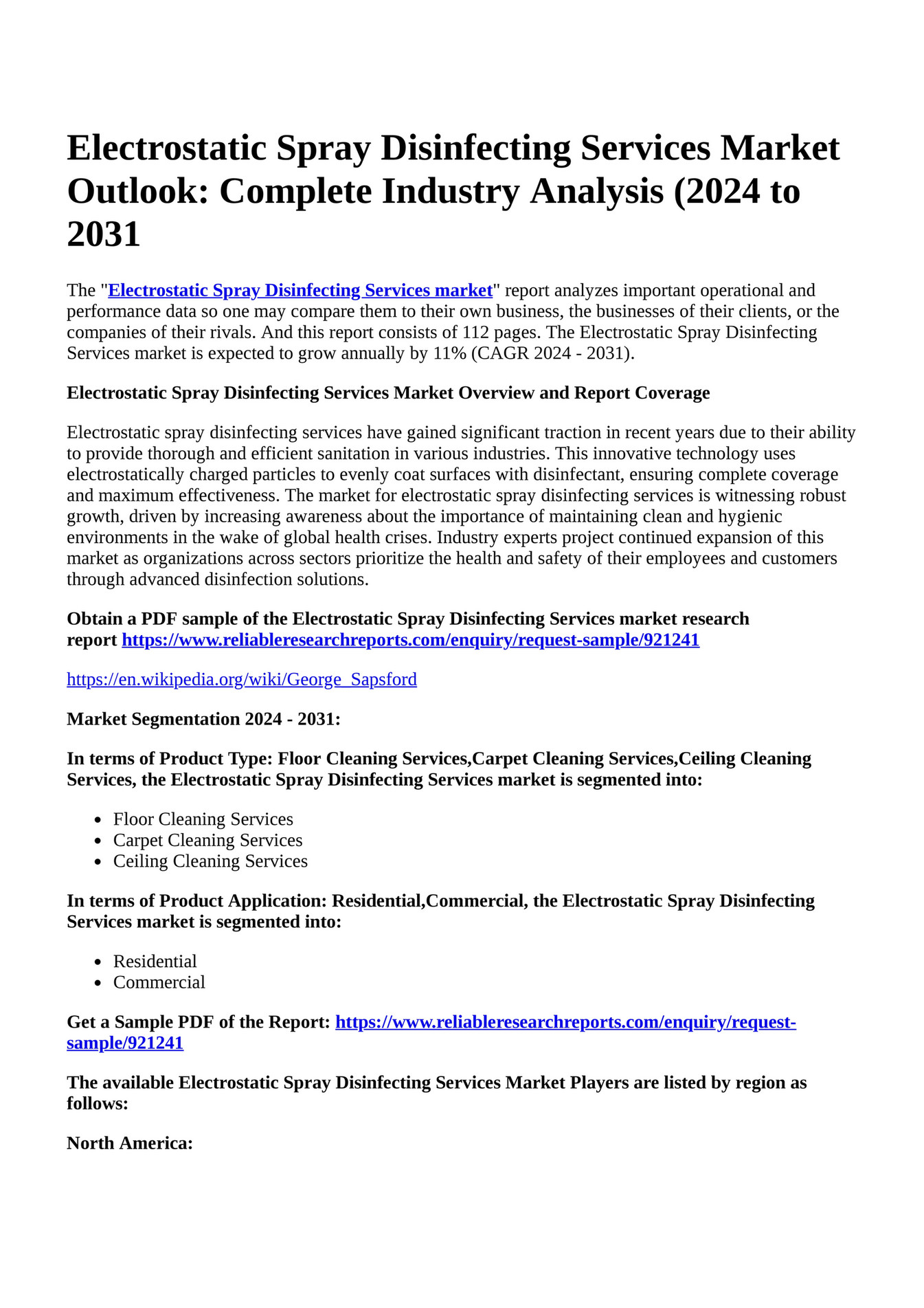 Reportprime Electrostatic Spray Disinfecting Services Market Outlook