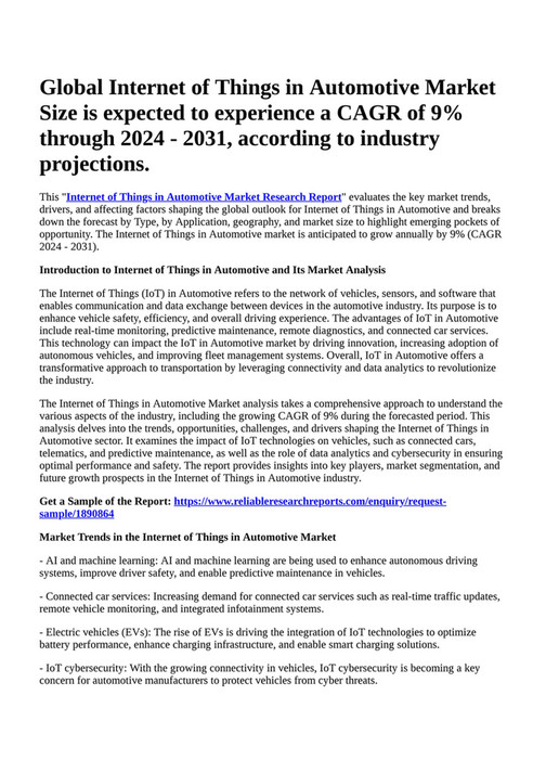 Reportprime Global of Things in Automotive Market Size is