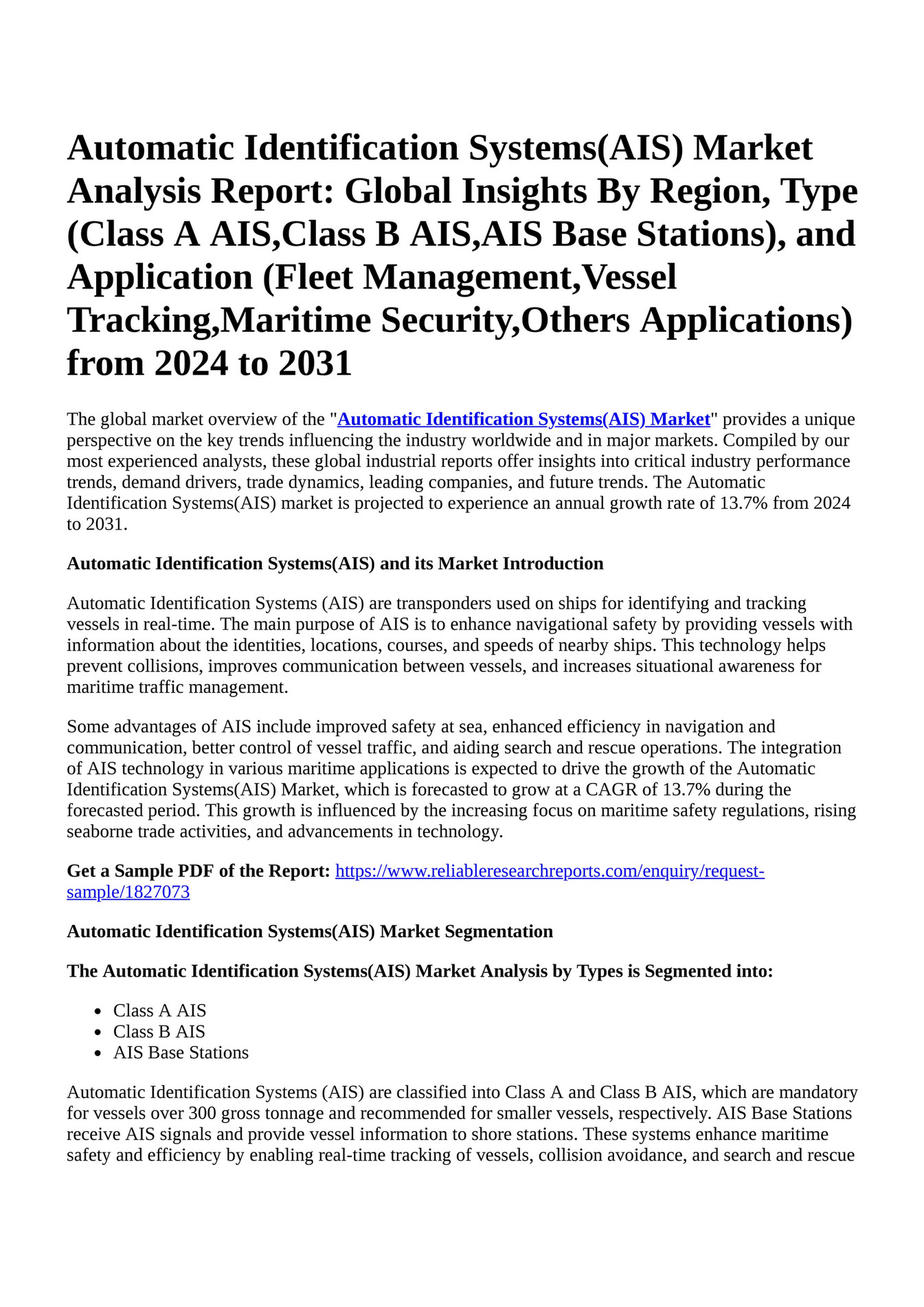 Reportprime Automatic Identification Systems(AIS) Market Analysis Report Global Insights By