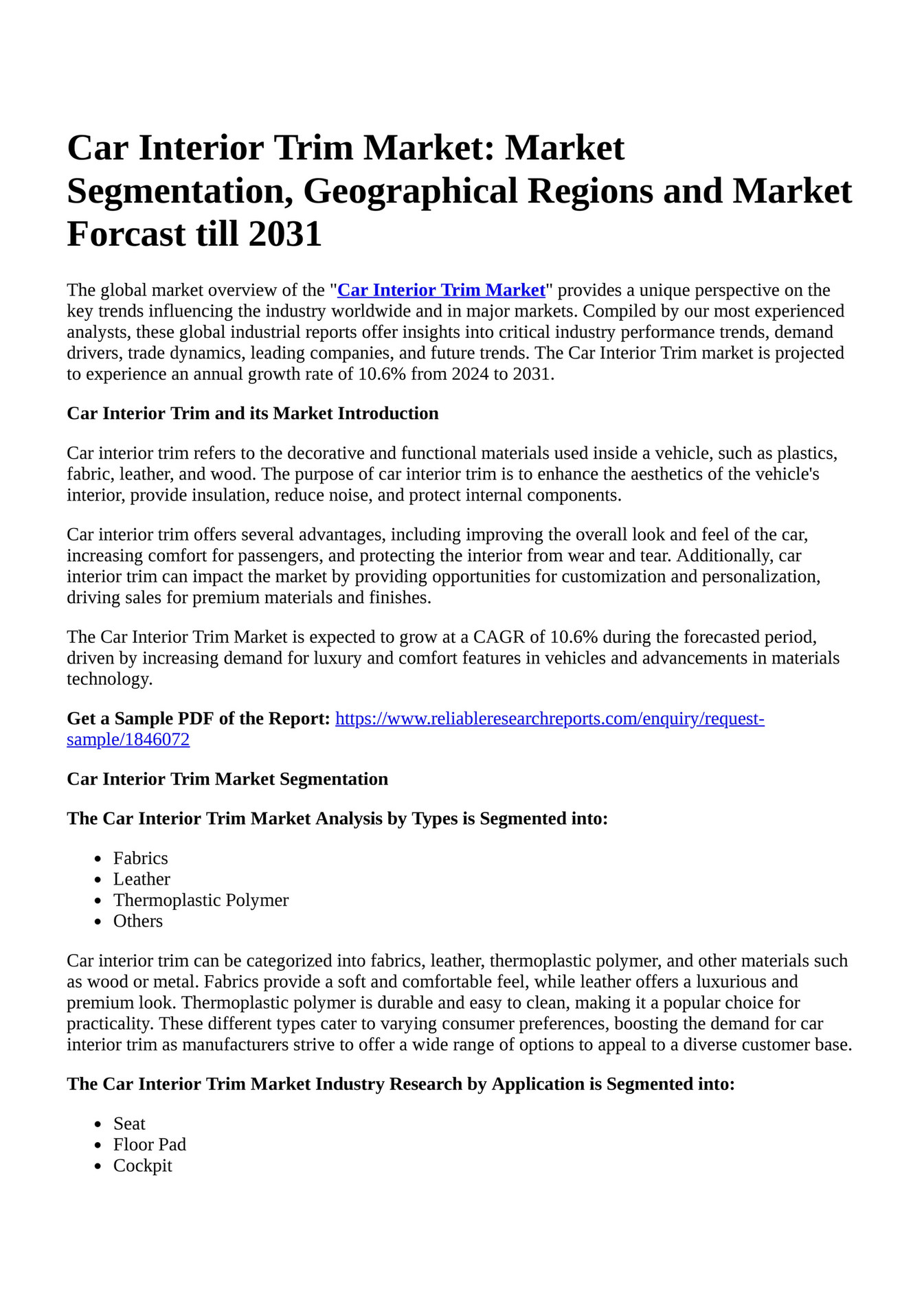 Reportprime Car Interior Trim Market Market Segmentation