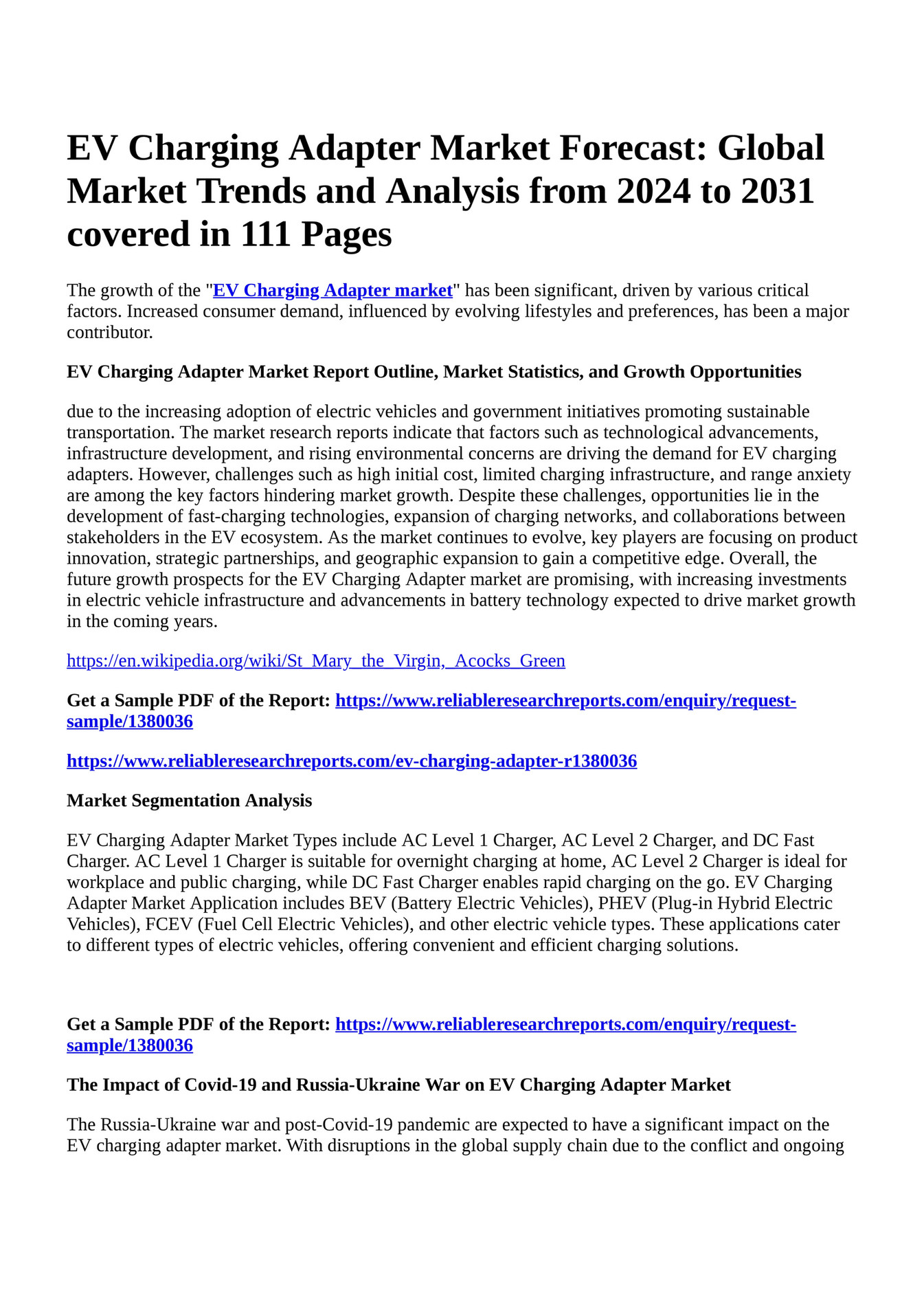 Reportprime EV Charging Adapter Market Forecast Global Market Trends and Analysis from 2024