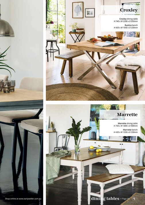 Early Settler Range Catalogue Page 48 49 Created Croxley Dining Table H 740 X W 2200 D 950mm Rustica Bench 450