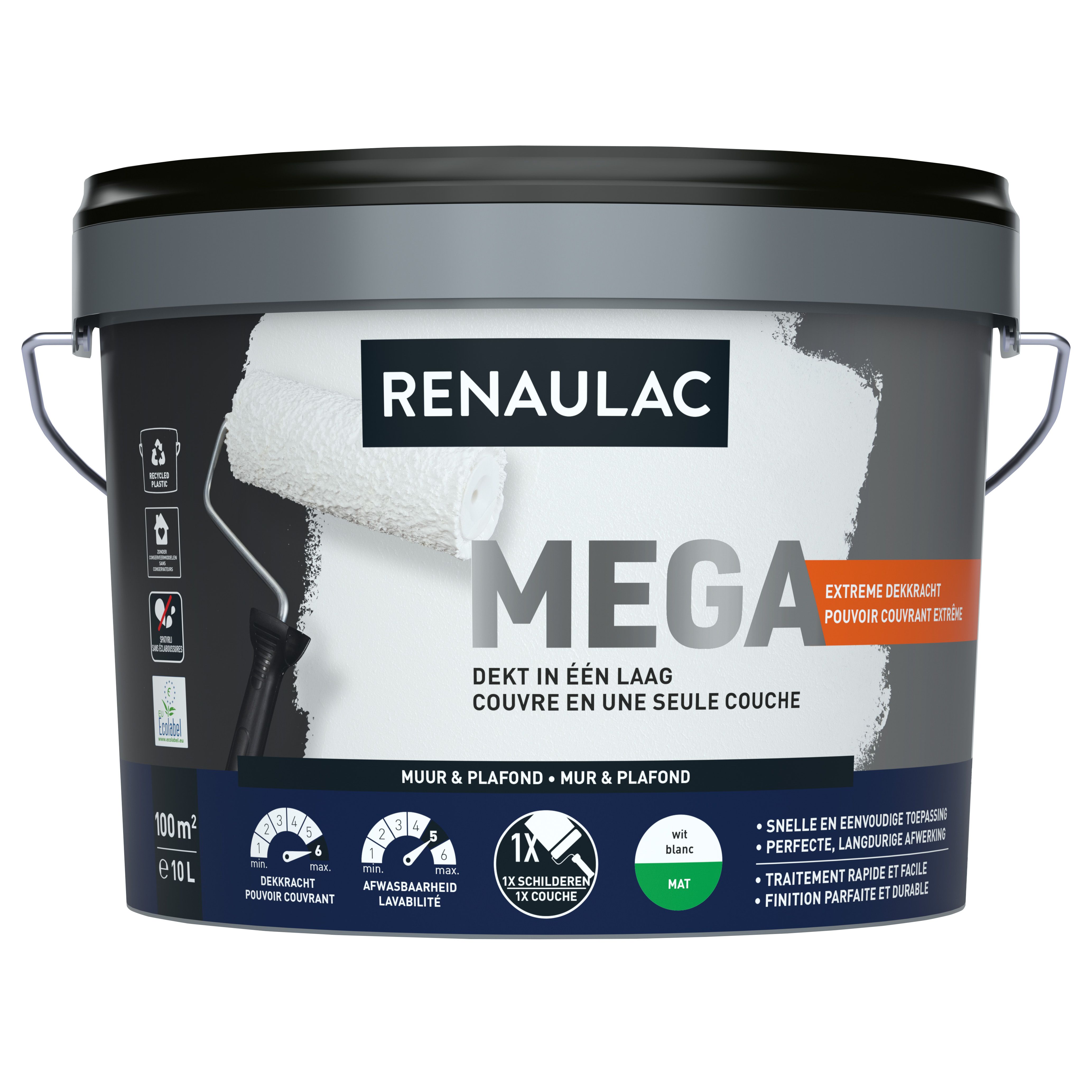 Peinture murale Renaulac Méga blanc mat 10L