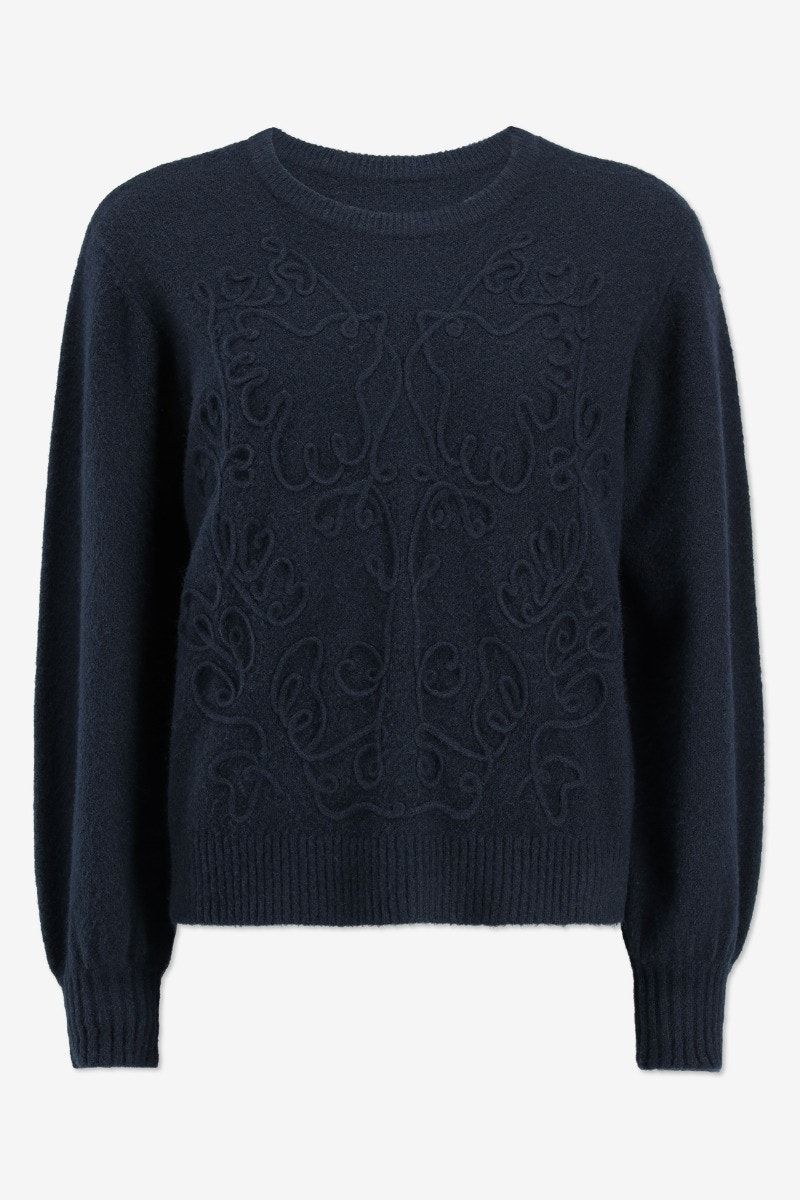 Marineblauw gebreide trui met broderie vooraan - Maat XS -