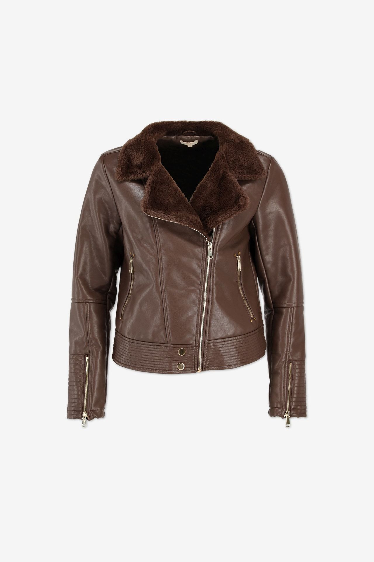 Veste en cuir brun avec col en fourrure - Taille 44 -