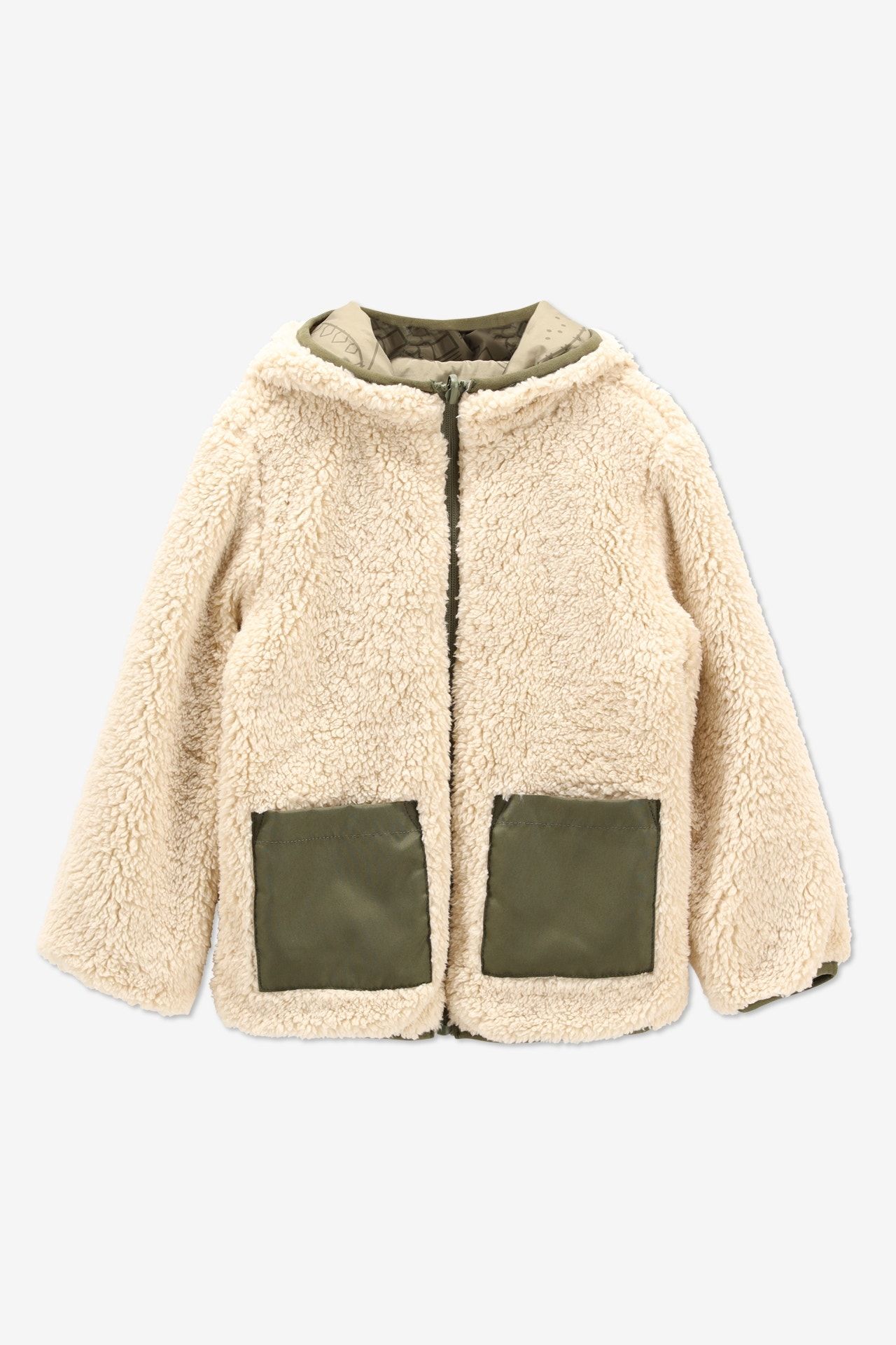 Kaki dino/beige teddy jas REVERSIBLE - Maat 92 -