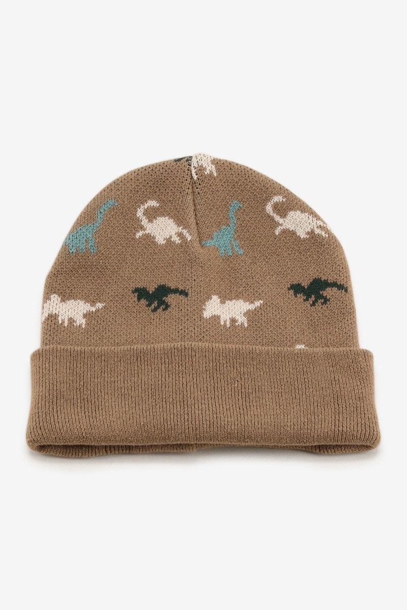 Bruine muts met dinoprint - Maat TU -