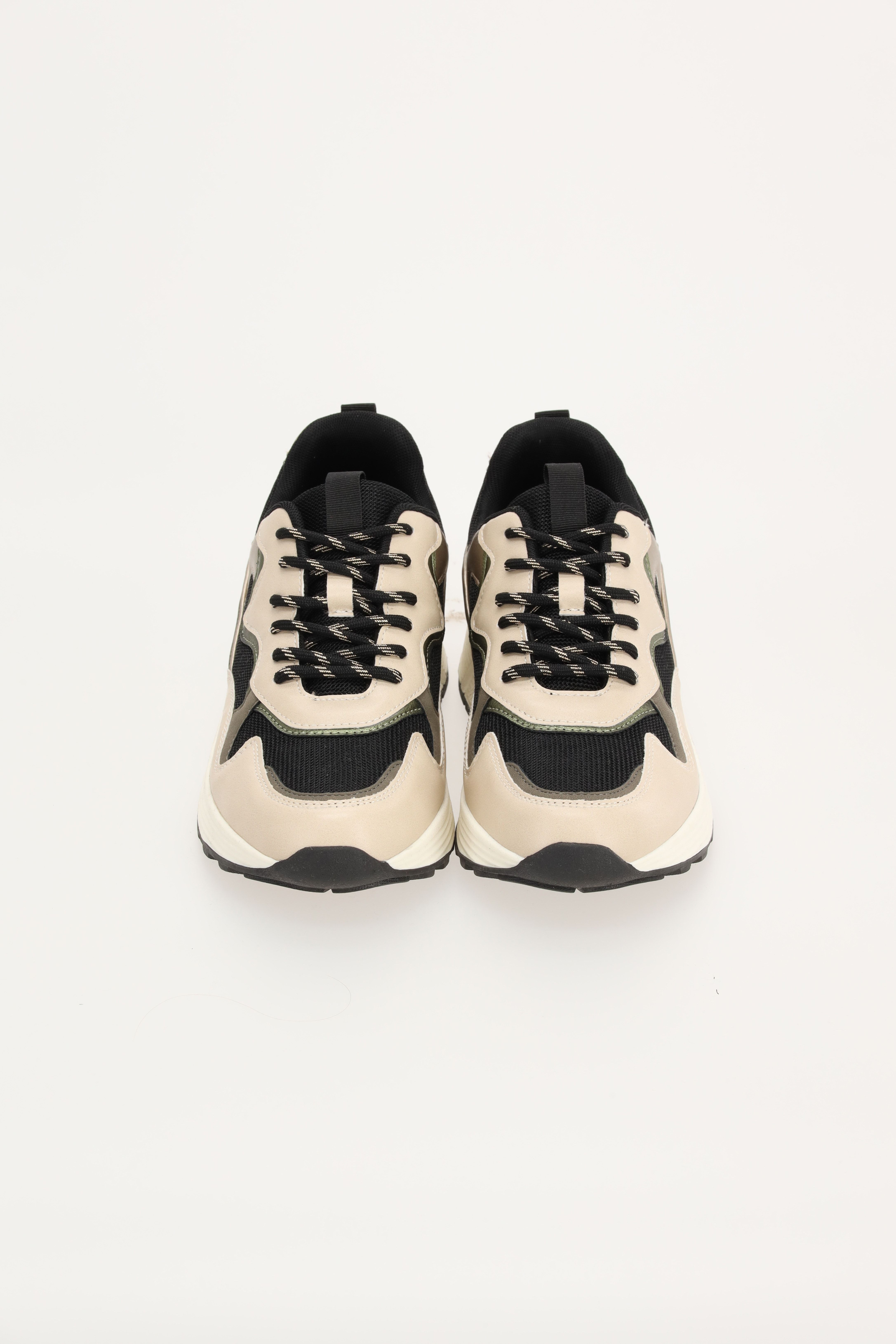 Kaki/ecru/zwarte sneakers met wiite zool - Maat 36 -